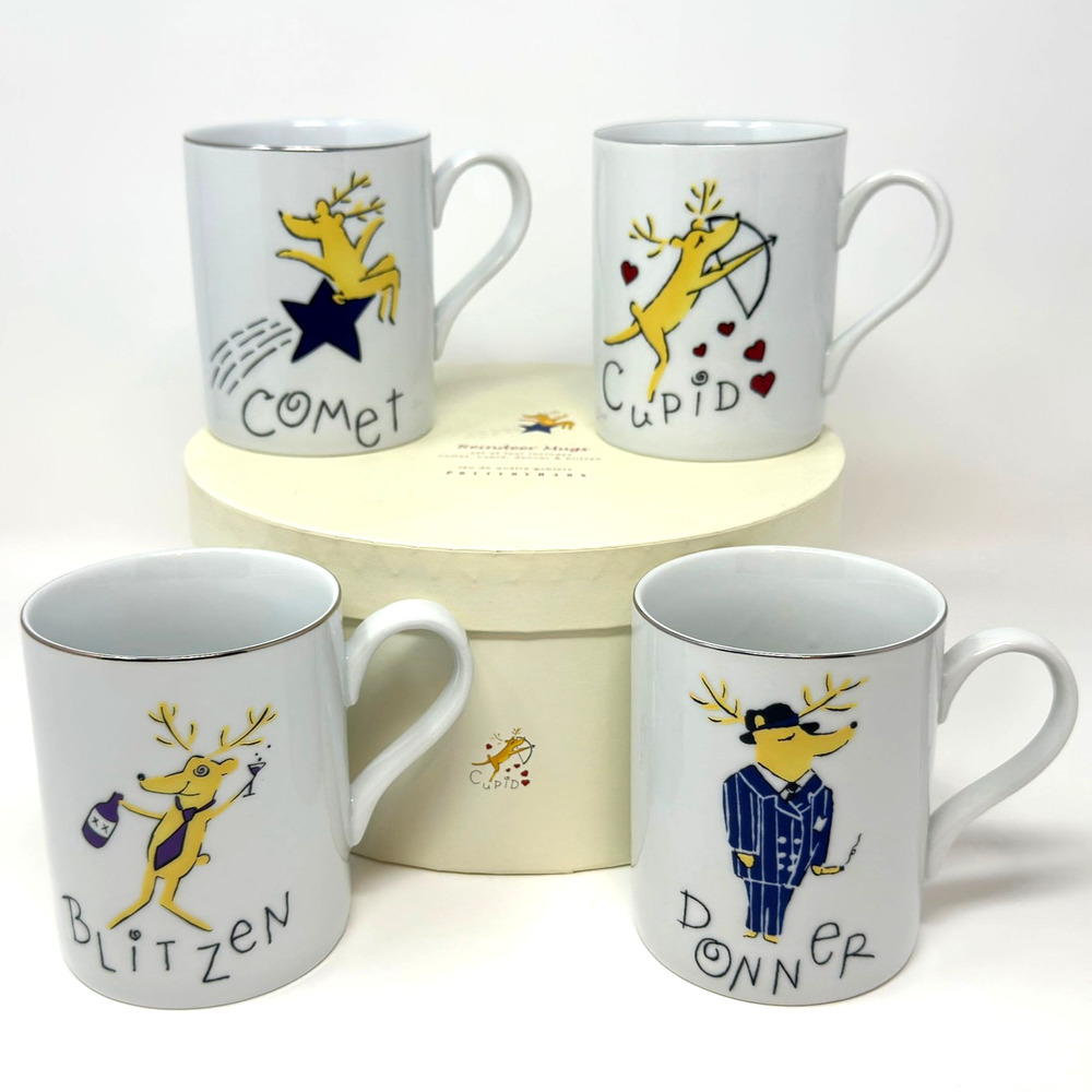 Pottery Barn Reindeer Mugs Set of 4 Comet Cupid Donner Blitzen Holiday Christmas